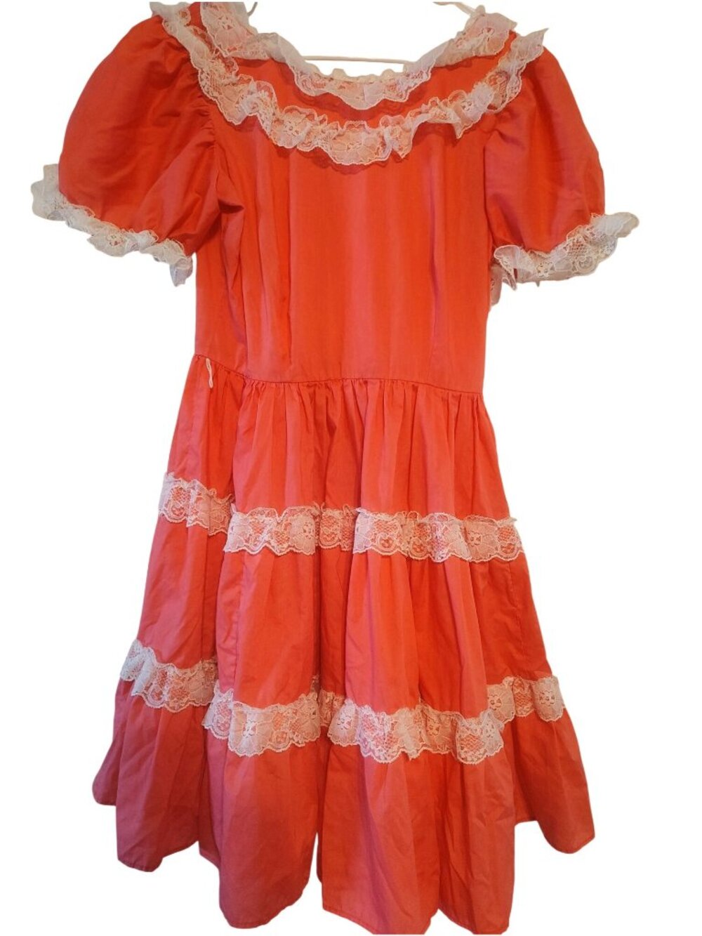 Vintage Pete Bettina Size 10 Salmon Pink Square Dancing Dress, White Lace